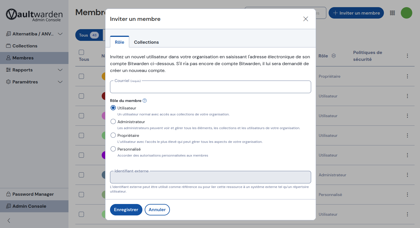 Inviter un membre : rôle