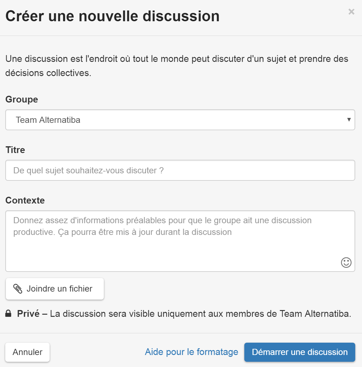 Formulaire pour créer une nouvelle discussion