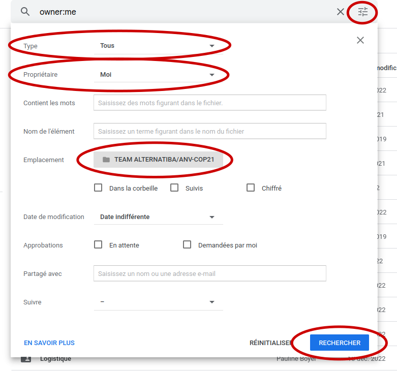 Filtres de recherche