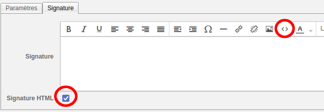 Paramètres Roundcube : signature HTML
