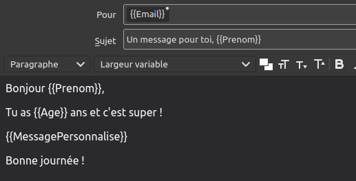 Mail Merge : exemple de message