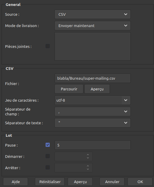 Mail merge : fenêtre d'envoi