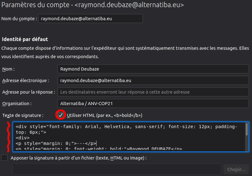Paramètres Thunderbird : mise en place de la signature