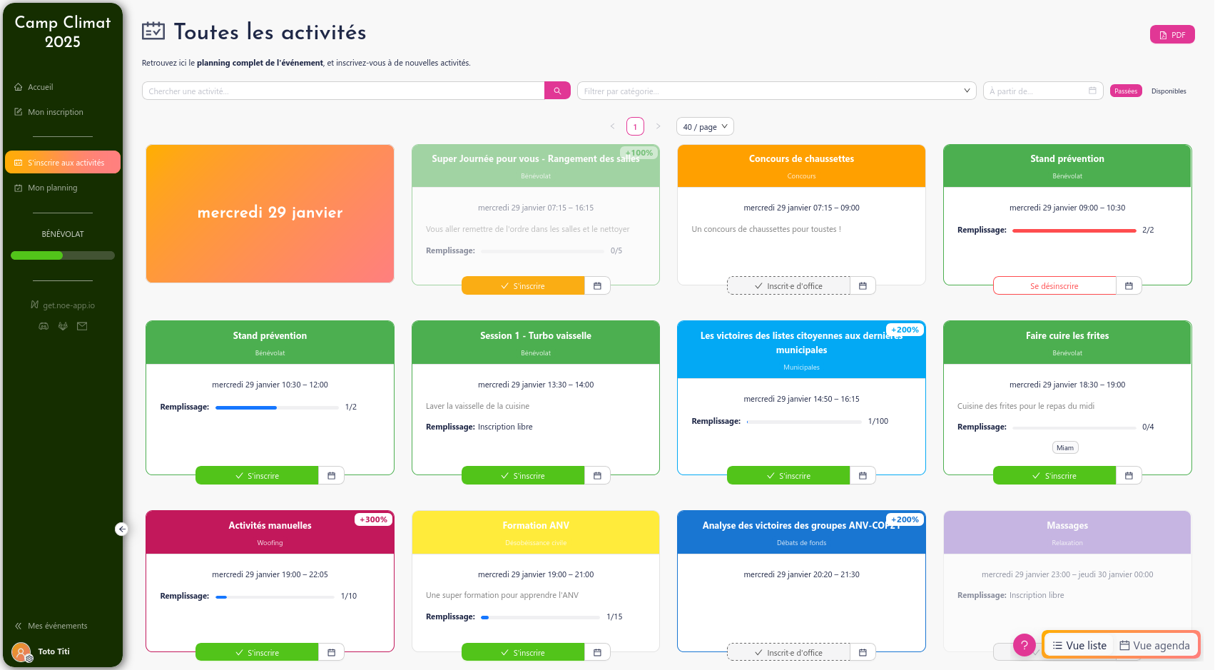 S'inscrire aux activités (vert)