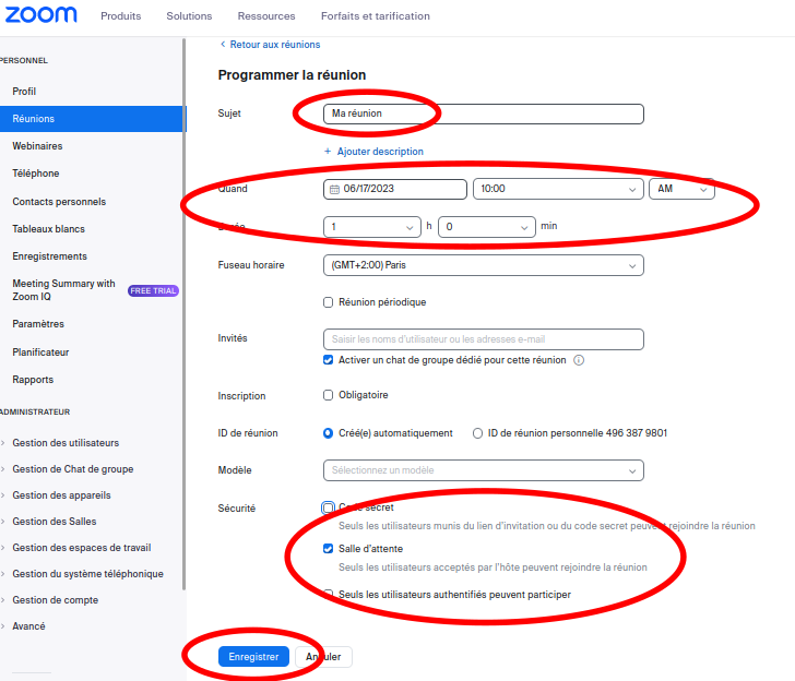 Paramètres d'une réunion